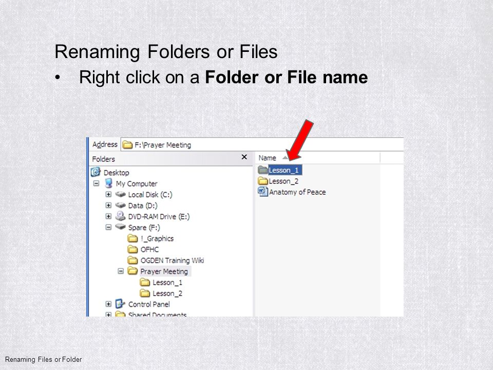 Renaming Folders or Files Right click on a Folder or File name Renaming Files or Folder