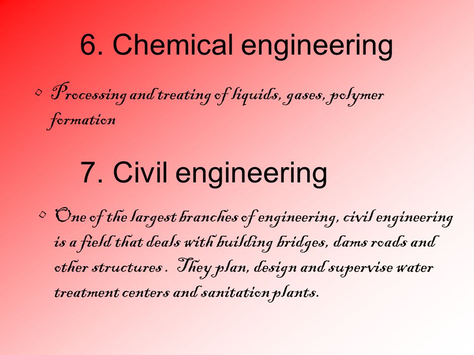 6. Chemical engineering Processing and treating of liquids, gases, polymer formation 7.