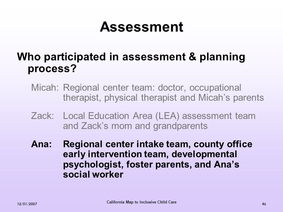 California Map to Inclusive Child Care 12/01/ Assessment Who participated in assessment & planning process.
