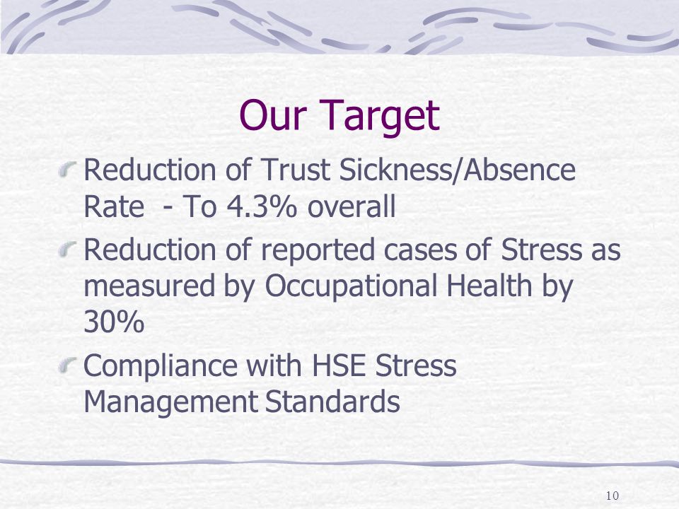 10 Our Target Reduction of Trust Sickness/Absence Rate - To 4.3% overall Reduction of reported cases of Stress as measured by Occupational Health by 30% Compliance with HSE Stress Management Standards