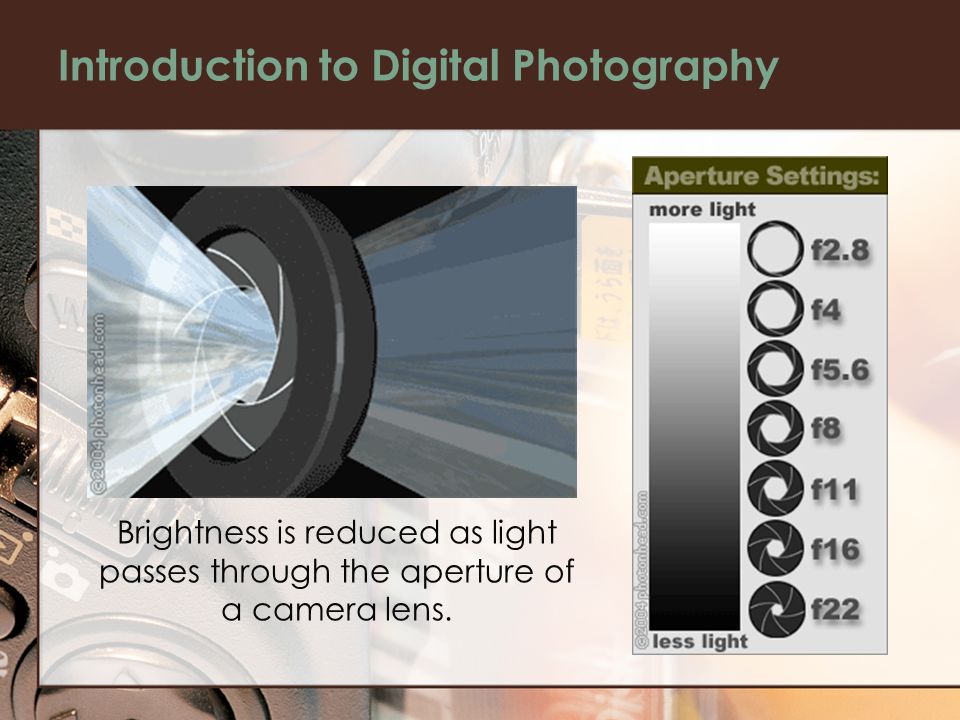 Introduction to Digital Photography Brightness is reduced as light passes through the aperture of a camera lens.