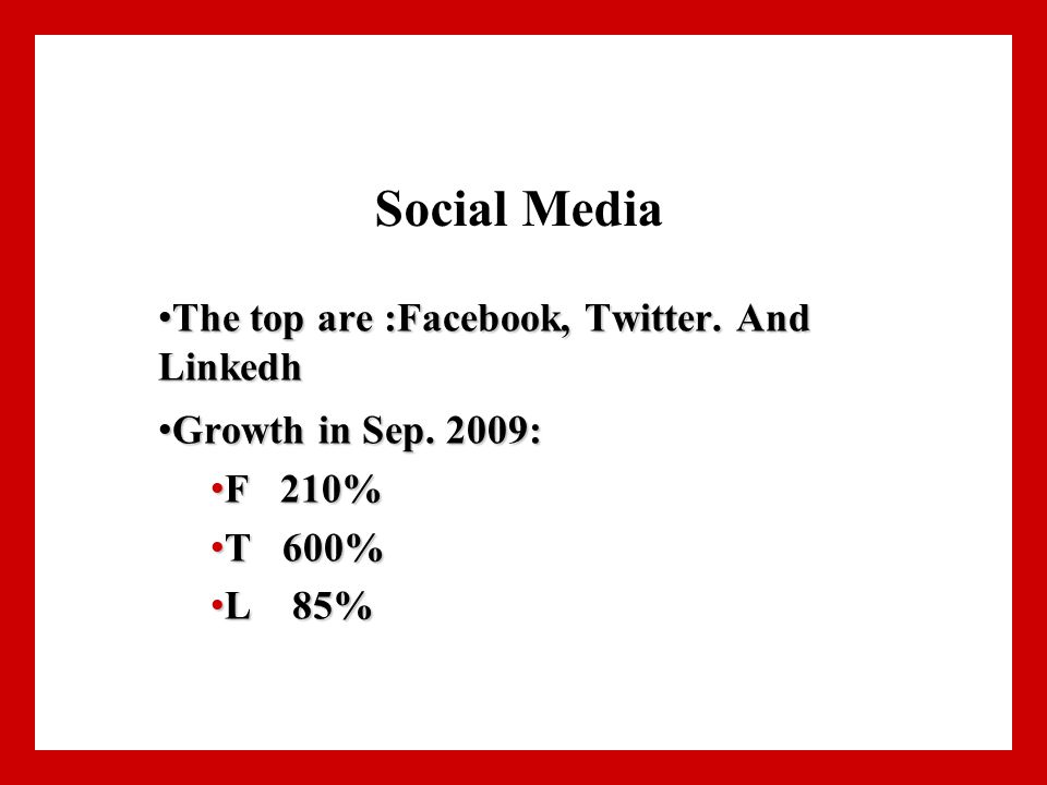 Social Media The top are :Facebook, Twitter. And Linkedh The top are :Facebook, Twitter.