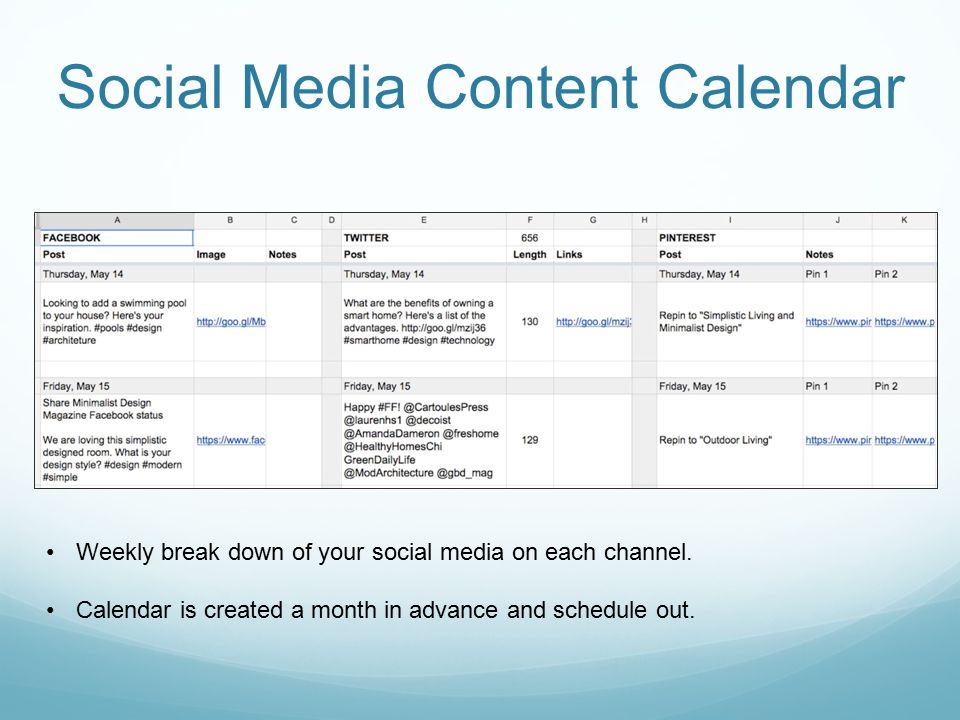Social Media Content Calendar Weekly break down of your social media on each channel.