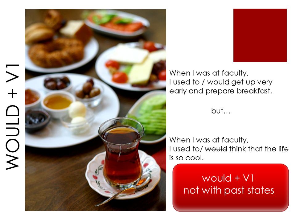 WOULD + V1 When I was at faculty, I used to / would get up very early and prepare breakfast.