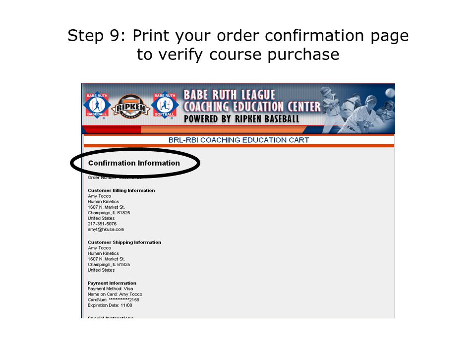 Step 9: Print your order confirmation page to verify course purchase