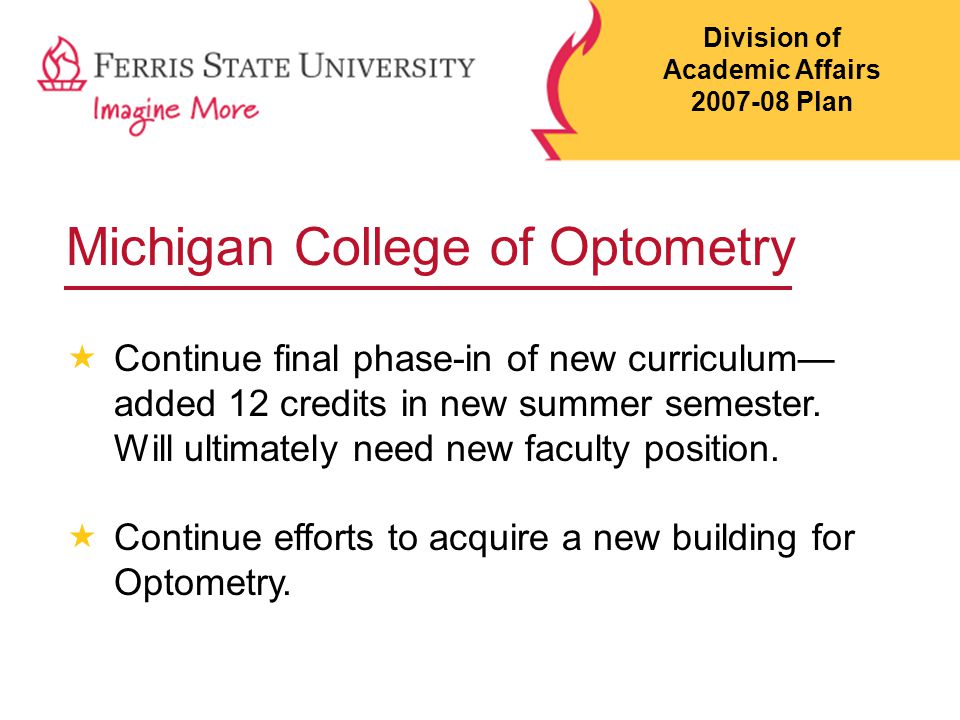 Michigan College of Optometry  Continue final phase-in of new curriculum— added 12 credits in new summer semester.