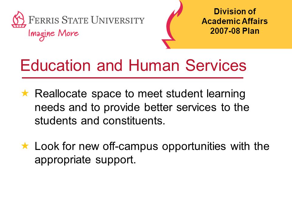 Education and Human Services  Reallocate space to meet student learning needs and to provide better services to the students and constituents.