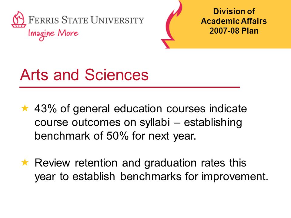 Arts and Sciences  43% of general education courses indicate course outcomes on syllabi – establishing benchmark of 50% for next year.