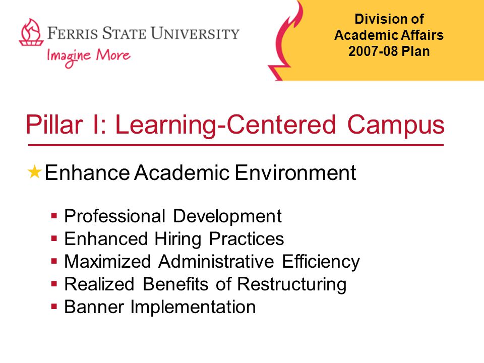 Pillar I: Learning-Centered Campus  Enhance Academic Environment  Professional Development  Enhanced Hiring Practices  Maximized Administrative Efficiency  Realized Benefits of Restructuring  Banner Implementation Division of Academic Affairs Plan
