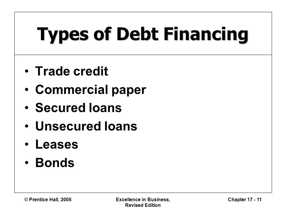 © Prentice Hall, 2005Excellence in Business, Revised Edition Chapter Types of Debt Financing Trade credit Commercial paper Secured loans Unsecured loans Leases Bonds