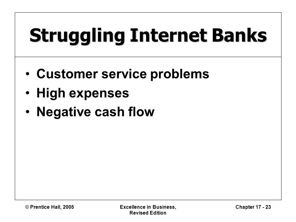 © Prentice Hall, 2005Excellence in Business, Revised Edition Chapter Struggling Internet Banks Customer service problems High expenses Negative cash flow