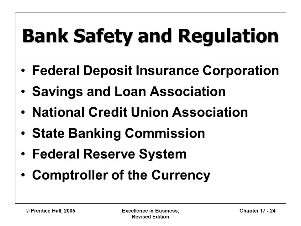 © Prentice Hall, 2005Excellence in Business, Revised Edition Chapter Bank Safety and Regulation Federal Deposit Insurance Corporation Savings and Loan Association National Credit Union Association State Banking Commission Federal Reserve System Comptroller of the Currency