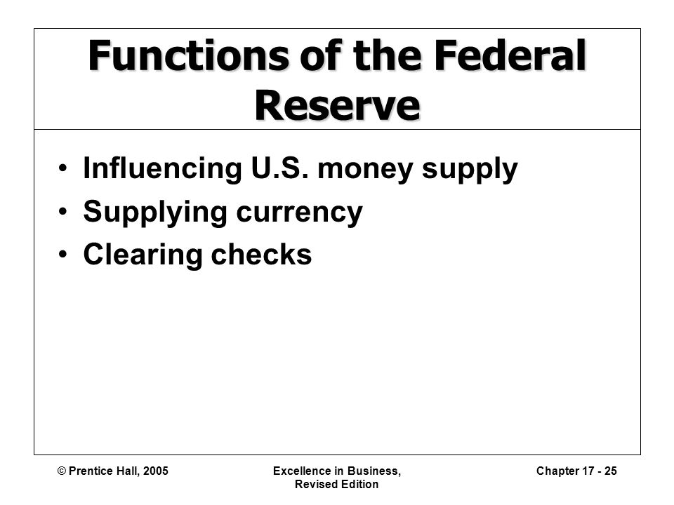 © Prentice Hall, 2005Excellence in Business, Revised Edition Chapter Functions of the Federal Reserve Influencing U.S.