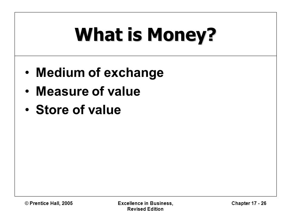 © Prentice Hall, 2005Excellence in Business, Revised Edition Chapter What is Money.
