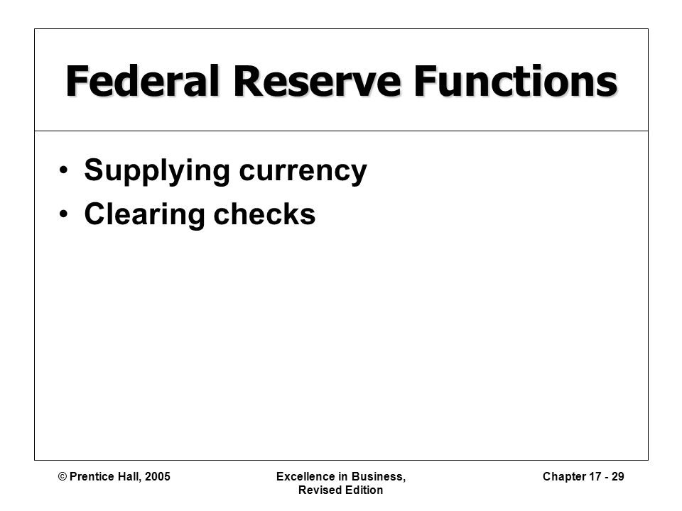 © Prentice Hall, 2005Excellence in Business, Revised Edition Chapter Federal Reserve Functions Supplying currency Clearing checks
