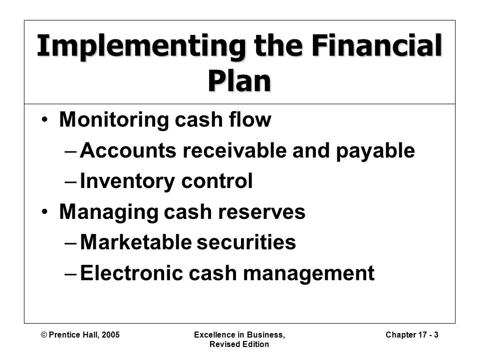 © Prentice Hall, 2005Excellence in Business, Revised Edition Chapter Implementing the Financial Plan Monitoring cash flow –Accounts receivable and payable –Inventory control Managing cash reserves –Marketable securities –Electronic cash management