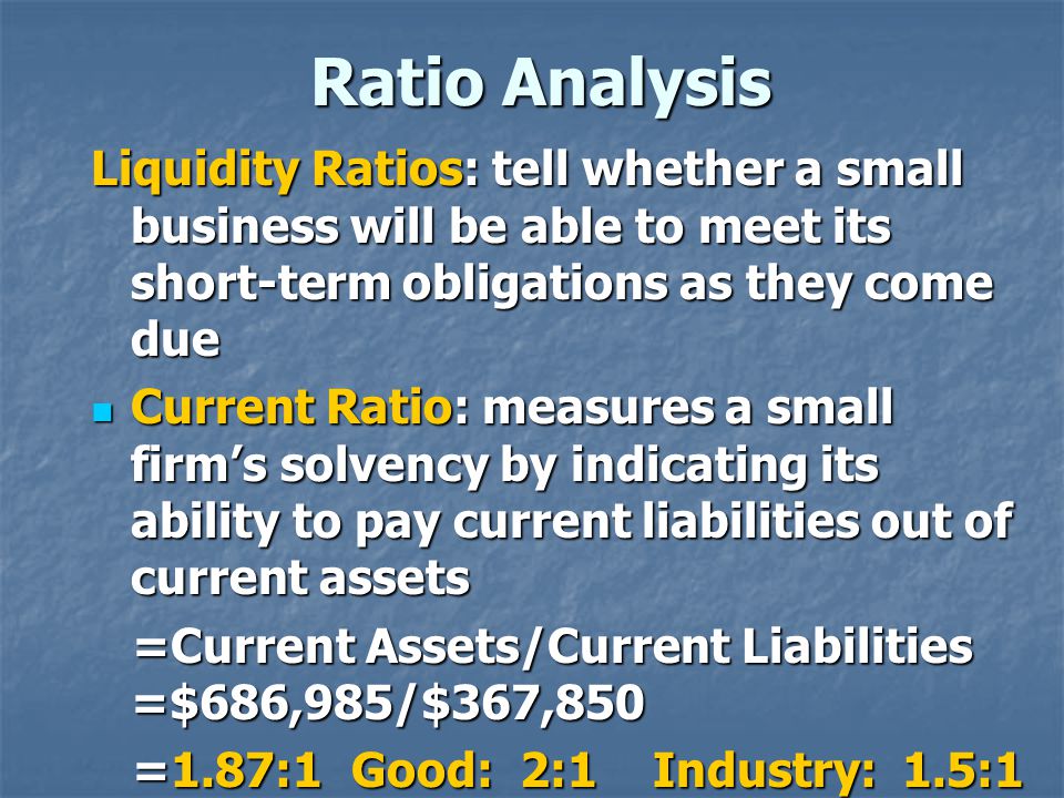 Ratio Analysis Liquidity Ratios: tell whether a small business will be able to meet its short-term obligations as they come due Current Ratio: measures a small firm’s solvency by indicating its ability to pay current liabilities out of current assets Current Ratio: measures a small firm’s solvency by indicating its ability to pay current liabilities out of current assets =Current Assets/Current Liabilities =$686,985/$367,850 =Current Assets/Current Liabilities =$686,985/$367,850 =1.87:1 Good: 2:1 Industry: 1.5:1 =1.87:1 Good: 2:1 Industry: 1.5:1
