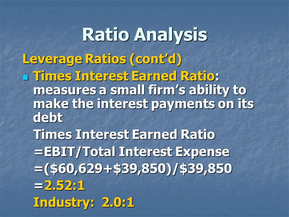 Ratio Analysis Leverage Ratios (cont’d) Times Interest Earned Ratio: measures a small firm’s ability to make the interest payments on its debt Times Interest Earned Ratio: measures a small firm’s ability to make the interest payments on its debt Times Interest Earned Ratio Times Interest Earned Ratio =EBIT/Total Interest Expense =EBIT/Total Interest Expense =($60,629+$39,850)/$39,850 =($60,629+$39,850)/$39,850 =2.52:1 =2.52:1 Industry: 2.0:1 Industry: 2.0:1