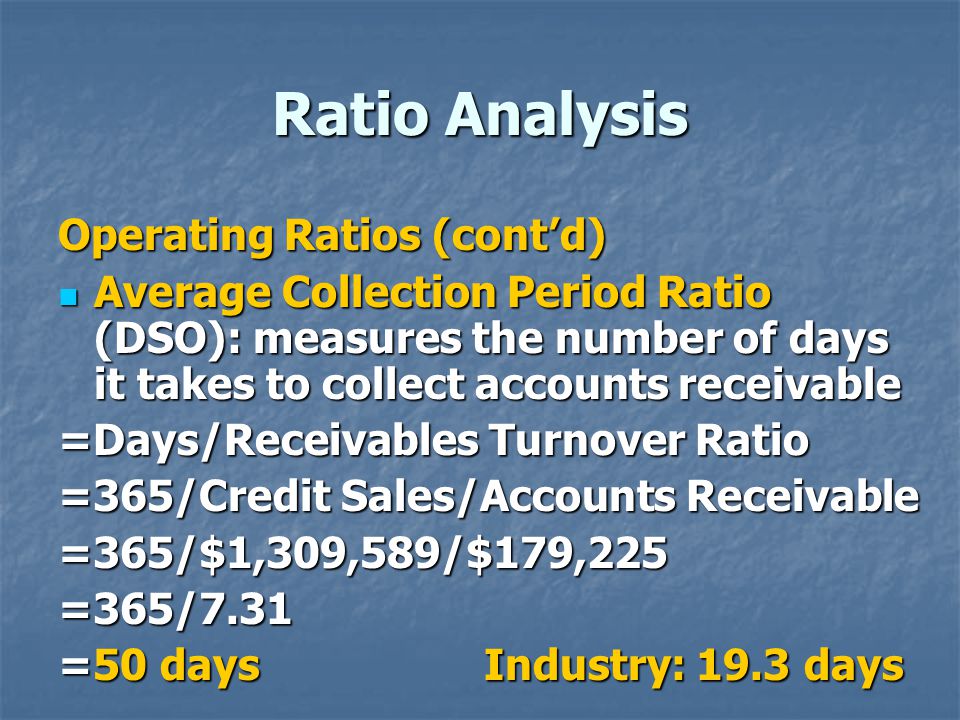 Ratio Analysis Operating Ratios (cont’d) Average Collection Period Ratio (DSO): measures the number of days it takes to collect accounts receivable Average Collection Period Ratio (DSO): measures the number of days it takes to collect accounts receivable =Days/Receivables Turnover Ratio =365/Credit Sales/Accounts Receivable =365/$1,309,589/$179,225=365/7.31 =50 days Industry: 19.3 days