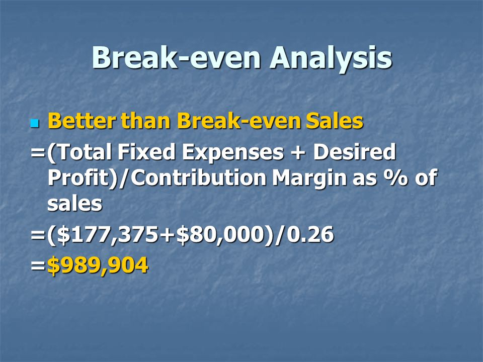 Break-even Analysis Better than Break-even Sales Better than Break-even Sales =(Total Fixed Expenses + Desired Profit)/Contribution Margin as % of sales =($177,375+$80,000)/0.26 =$989,904