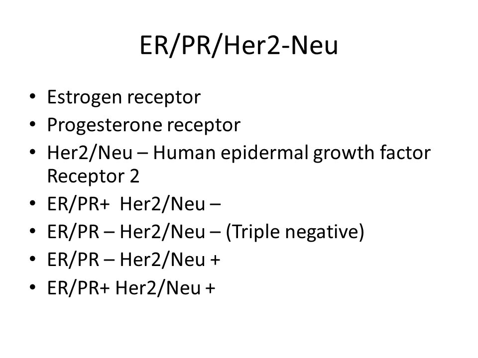 ER/PR/Her2-Neu Estrogen receptor Progesterone receptor Her2/Neu – Human epidermal growth factor Receptor 2 ER/PR+ Her2/Neu – ER/PR – Her2/Neu – (Triple negative) ER/PR – Her2/Neu + ER/PR+ Her2/Neu +