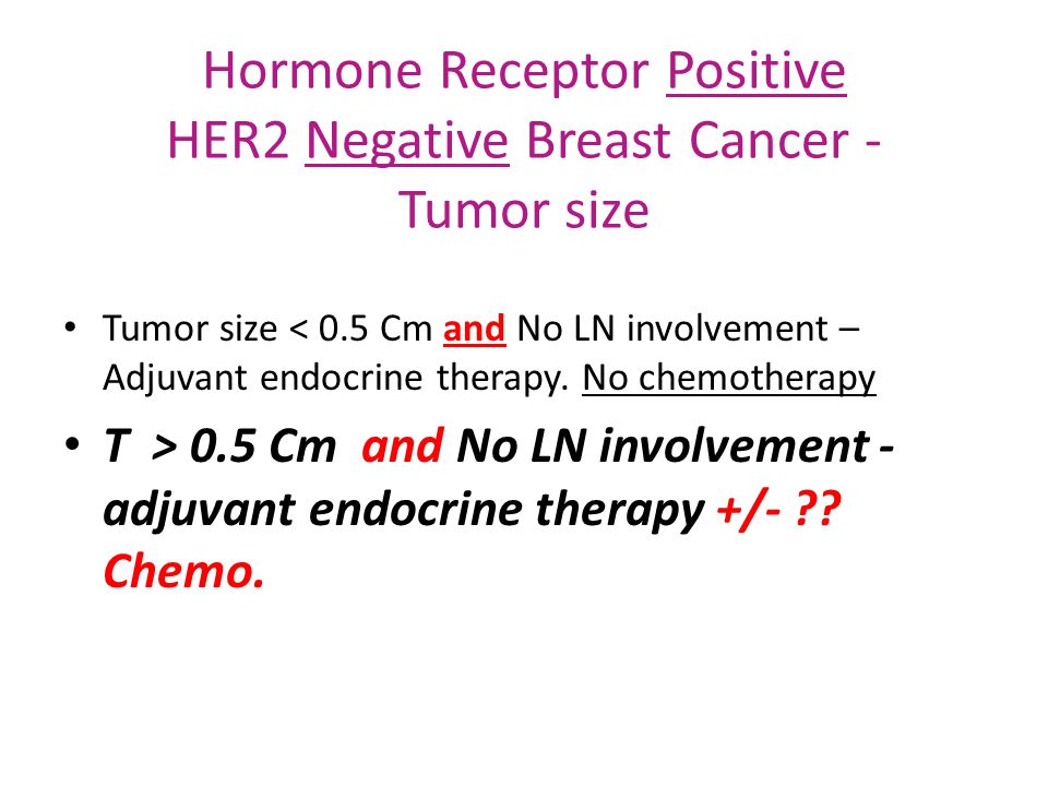 Hormone Receptor Positive HER2 Negative Breast Cancer - Tumor size Tumor size < 0.5 Cm and No LN involvement – Adjuvant endocrine therapy.