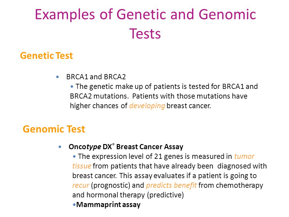 Examples of Genetic and Genomic Tests Genetic Test BRCA1 and BRCA2 The genetic make up of patients is tested for BRCA1 and BRCA2 mutations.