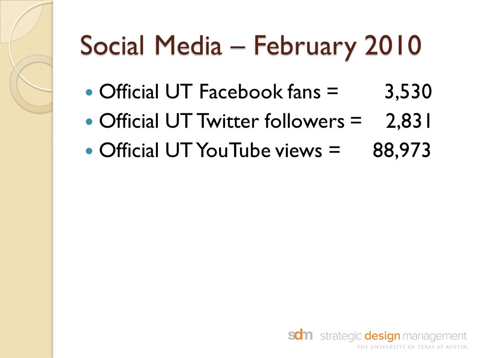 Social Media – February 2010 Official UT Facebook fans = 3,530 Official UT Twitter followers = 2,831 Official UT YouTube views = 88,973