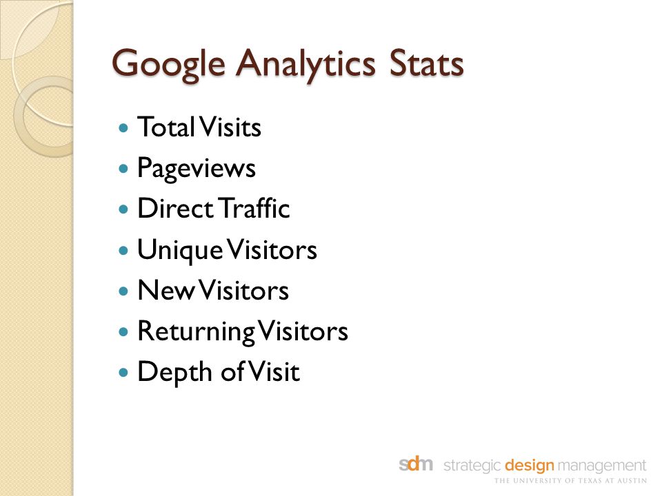 Google Analytics Stats Total Visits Pageviews Direct Traffic Unique Visitors New Visitors Returning Visitors Depth of Visit
