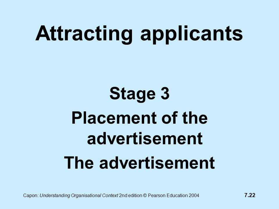 7.22 Capon: Understanding Organisational Context 2nd edition © Pearson Education 2004 Attracting applicants Stage 3 Placement of the advertisement The advertisement
