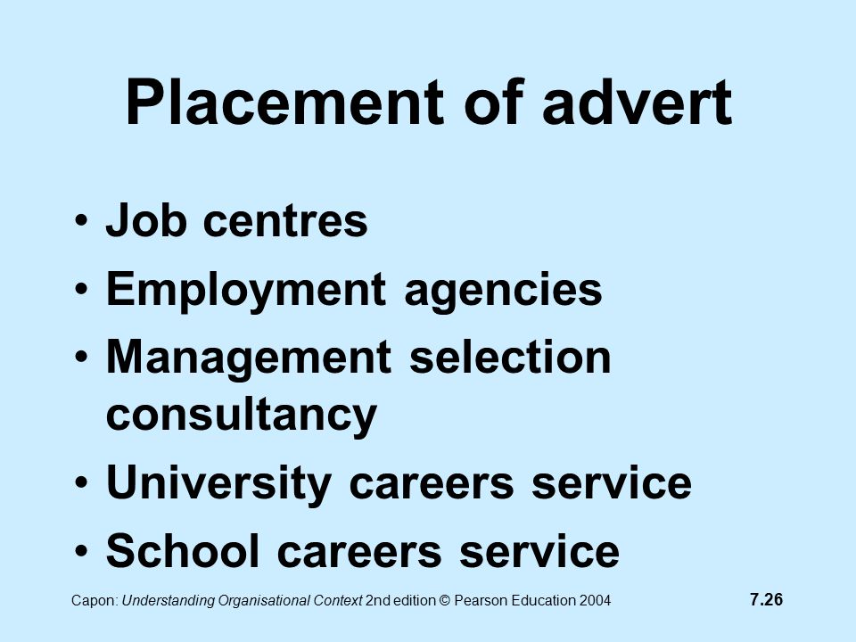 7.26 Capon: Understanding Organisational Context 2nd edition © Pearson Education 2004 Placement of advert Job centres Employment agencies Management selection consultancy University careers service School careers service