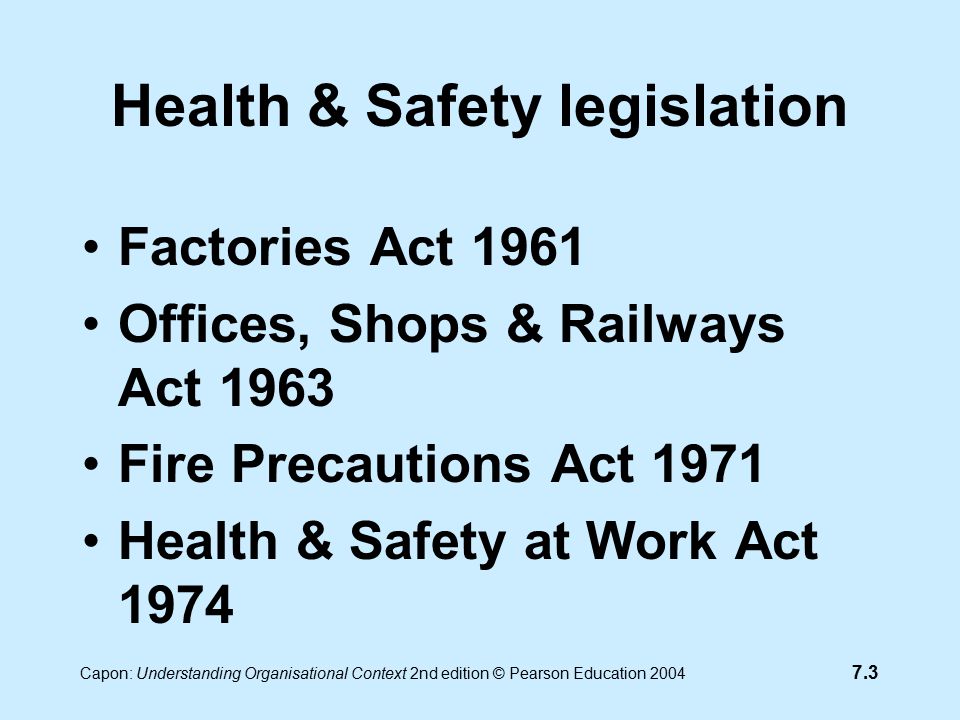 7.3 Capon: Understanding Organisational Context 2nd edition © Pearson Education 2004 Health & Safety legislation Factories Act 1961 Offices, Shops & Railways Act 1963 Fire Precautions Act 1971 Health & Safety at Work Act 1974