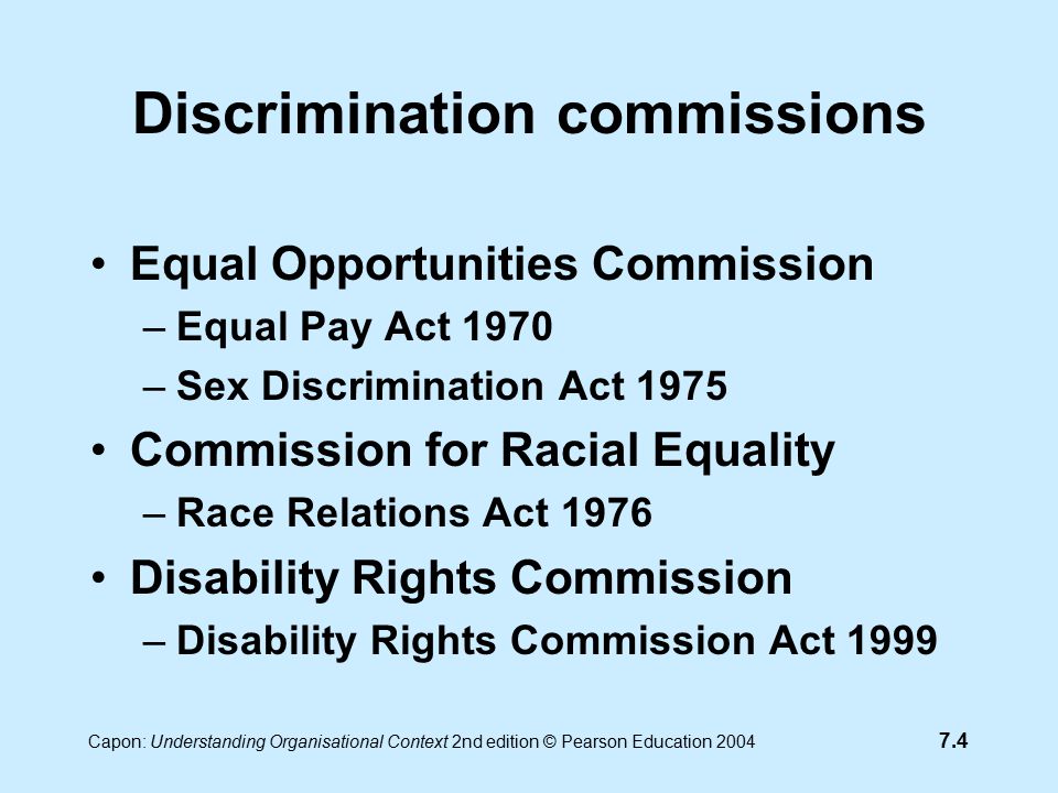 7.4 Capon: Understanding Organisational Context 2nd edition © Pearson Education 2004 Discrimination commissions Equal Opportunities Commission –Equal Pay Act 1970 –Sex Discrimination Act 1975 Commission for Racial Equality –Race Relations Act 1976 Disability Rights Commission –Disability Rights Commission Act 1999