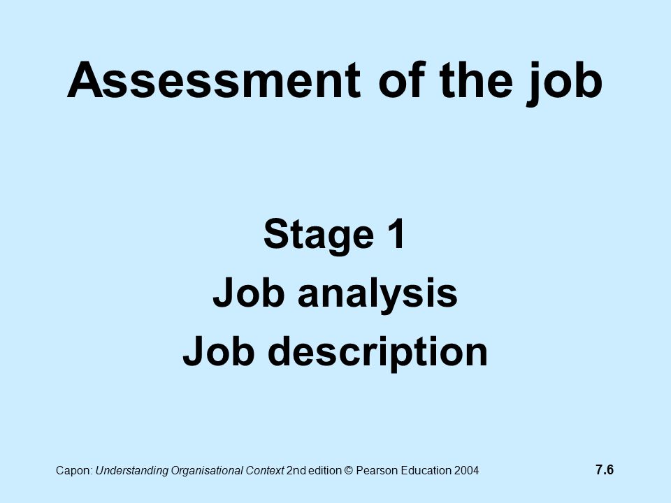 7.6 Capon: Understanding Organisational Context 2nd edition © Pearson Education 2004 Assessment of the job Stage 1 Job analysis Job description