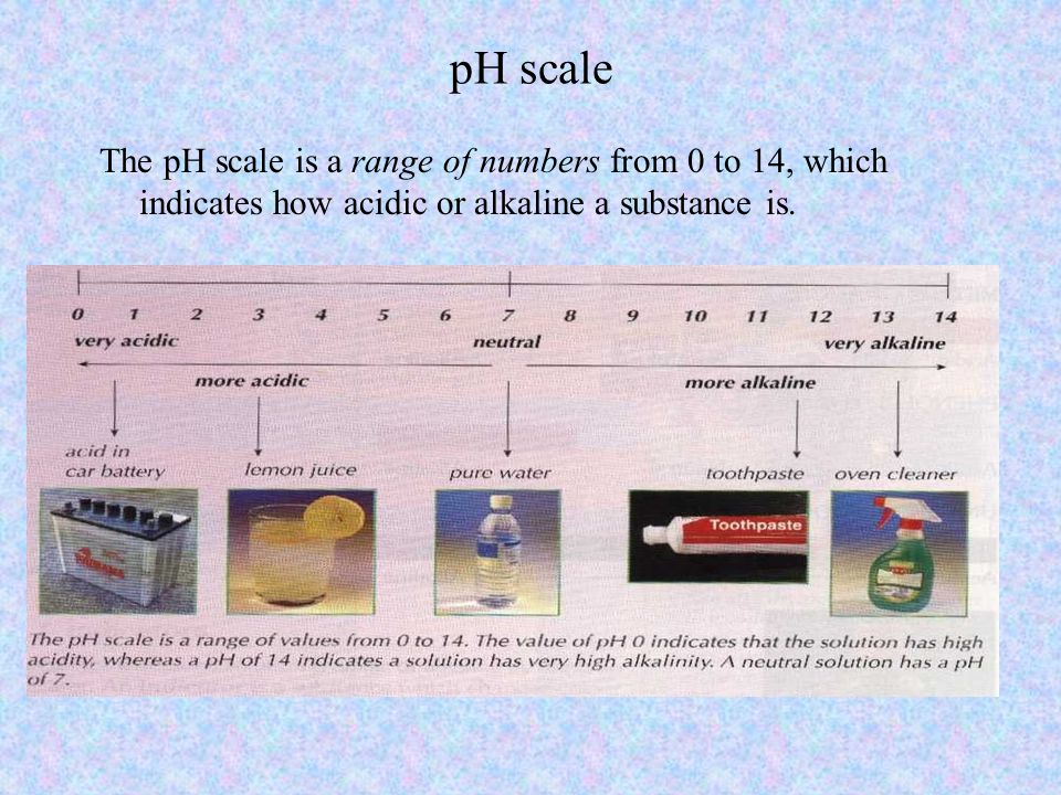 pH scale The pH scale is a range of numbers from 0 to 14, which indicates how acidic or alkaline a substance is.
