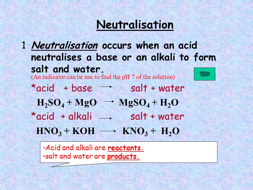 Neutralisation 1Neutralisation occurs when an acid neutralises a base or an alkali to form salt and water.