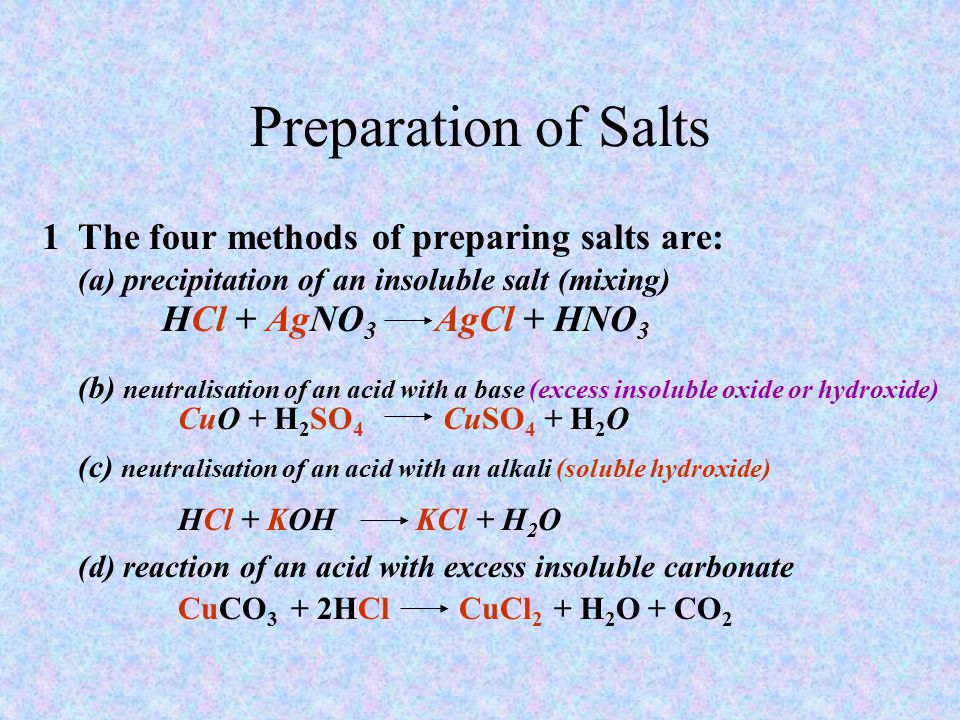 Preparation of Salts 1The four methods of preparing salts are: (a) precipitation of an insoluble salt (mixing) HCl + AgNO 3 AgCl + HNO 3 (b) neutralisation of an acid with a base (excess insoluble oxide or hydroxide) CuO + H 2 SO 4 CuSO 4 + H 2 O (c) neutralisation of an acid with an alkali (soluble hydroxide) HCl + KOH KCl + H 2 O (d) reaction of an acid with excess insoluble carbonate CuCO 3 + 2HCl CuCl 2 + H 2 O + CO 2