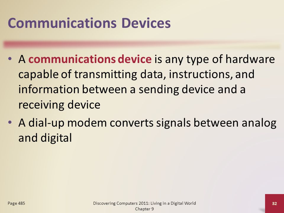Communications Devices A communications device is any type of hardware capable of transmitting data, instructions, and information between a sending device and a receiving device A dial-up modem converts signals between analog and digital Discovering Computers 2011: Living in a Digital World Chapter 9 32 Page 485