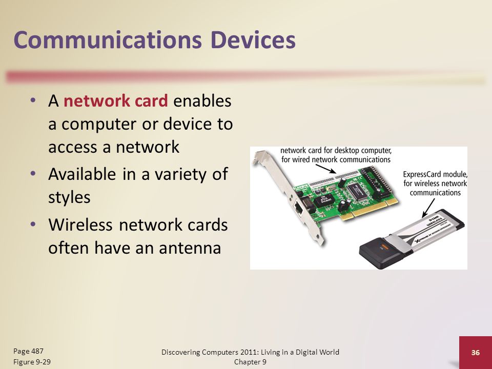 Communications Devices A network card enables a computer or device to access a network Available in a variety of styles Wireless network cards often have an antenna Discovering Computers 2011: Living in a Digital World Chapter 9 36 Page 487 Figure 9-29
