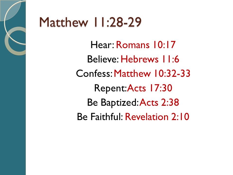 Matthew 11:28-29 Hear: Romans 10:17 Believe: Hebrews 11:6 Confess: Matthew 10:32-33 Repent: Acts 17:30 Be Baptized: Acts 2:38 Be Faithful: Revelation 2:10