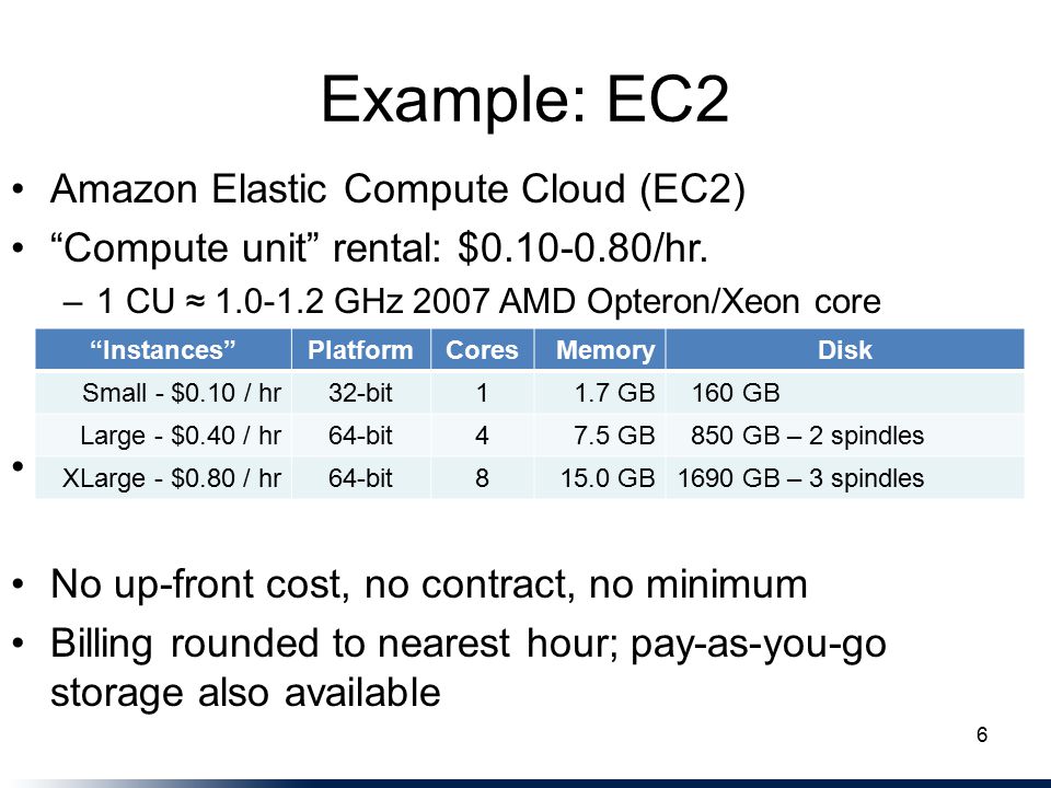 Example: EC2 Amazon Elastic Compute Cloud (EC2) Compute unit rental: $ /hr.