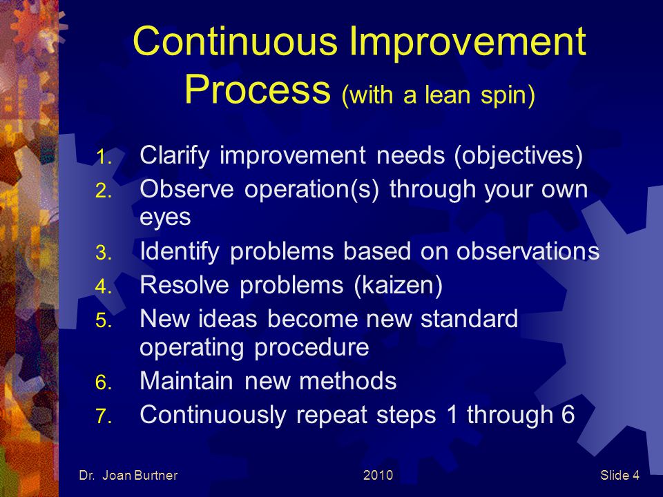 Dr. Joan Burtner2010Slide 4 Continuous Improvement Process (with a lean spin) 1.