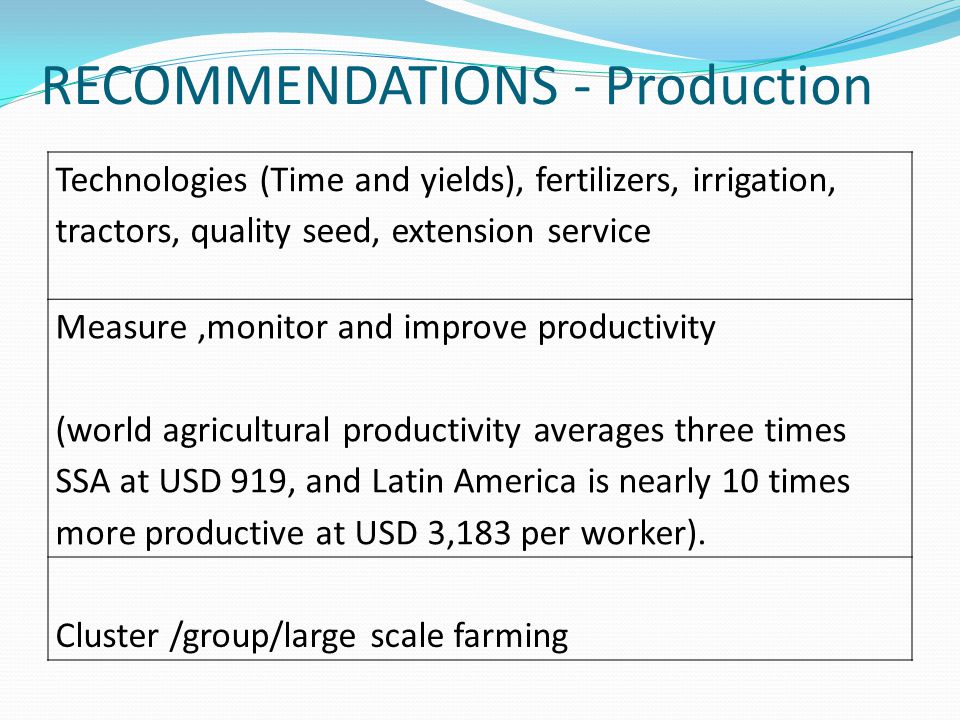 RECOMMENDATIONS - Production Technologies (Time and yields), fertilizers, irrigation, tractors, quality seed, extension service Measure,monitor and improve productivity (world agricultural productivity averages three times SSA at USD 919, and Latin America is nearly 10 times more productive at USD 3,183 per worker).