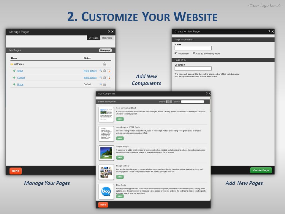 2. C USTOMIZE Y OUR W EBSITE Manage Your PagesAdd New Pages Add New Components