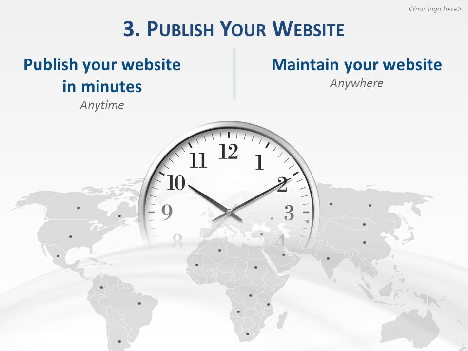 Maintain your website Anywhere Publish your website in minutes Anytime 3. P UBLISH Y OUR W EBSITE