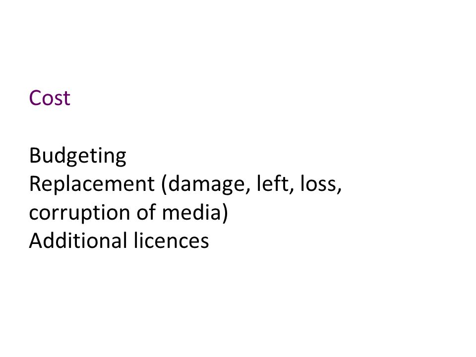 Cost Budgeting Replacement (damage, left, loss, corruption of media) Additional licences
