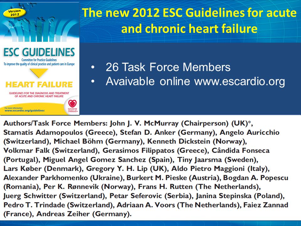 The new 2012 ESC Guidelines for acute and chronic heart failure 26 Task Force Members Avaivable online