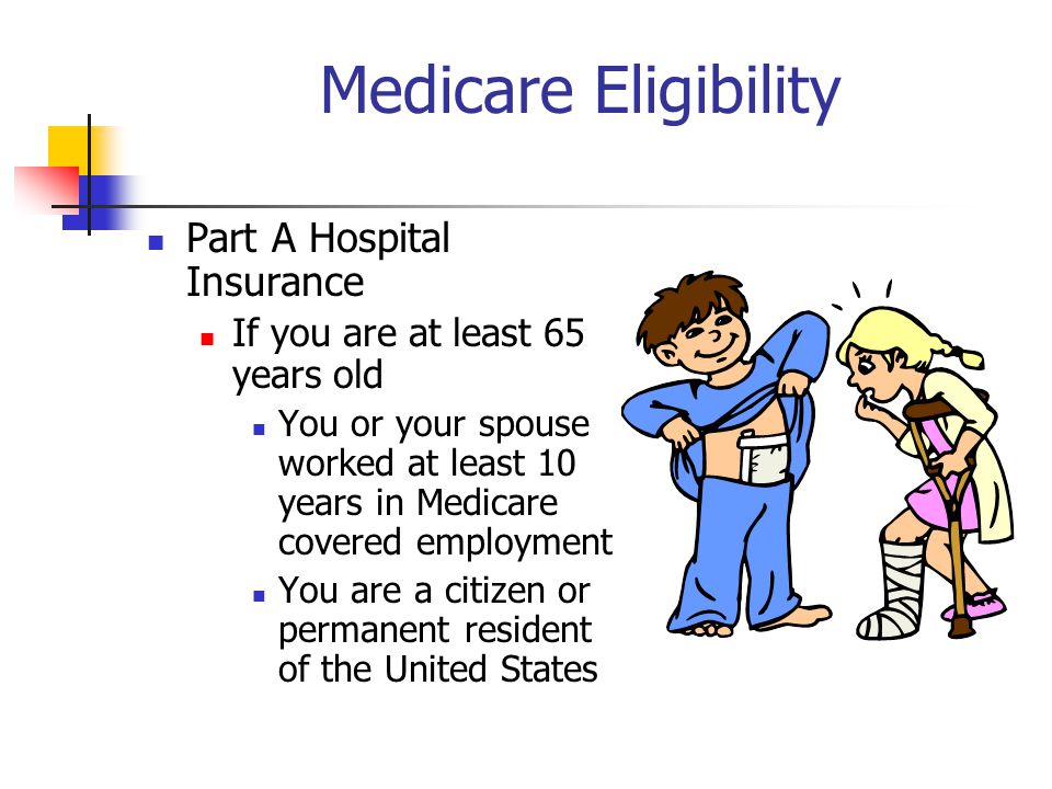 Medicare Eligibility Part A Hospital Insurance If you are at least 65 years old You or your spouse worked at least 10 years in Medicare covered employment You are a citizen or permanent resident of the United States