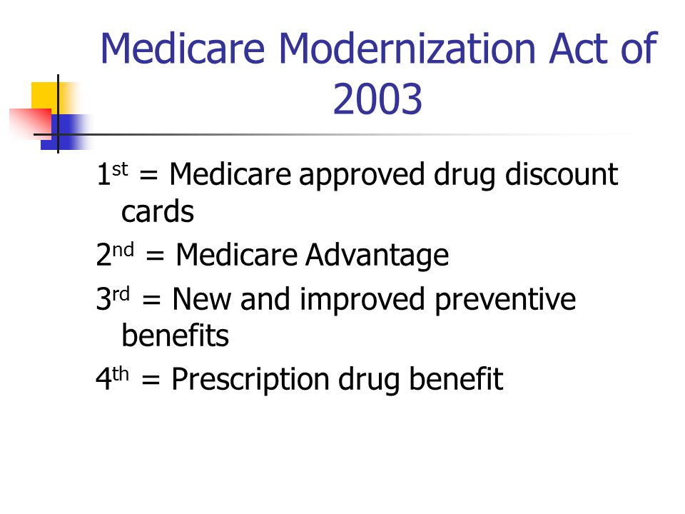 Medicare Modernization Act of st = Medicare approved drug discount cards 2 nd = Medicare Advantage 3 rd = New and improved preventive benefits 4 th = Prescription drug benefit