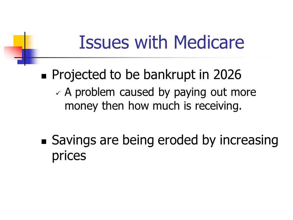 Issues with Medicare Projected to be bankrupt in 2026 A problem caused by paying out more money then how much is receiving.
